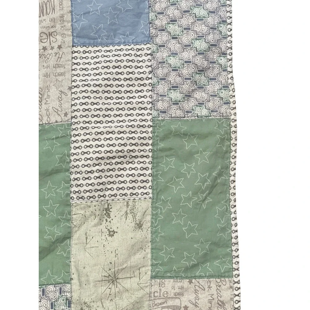 Handmade Patchwork Baby Quilt 44x33 Blue Green Stars Modern Nursery Throw